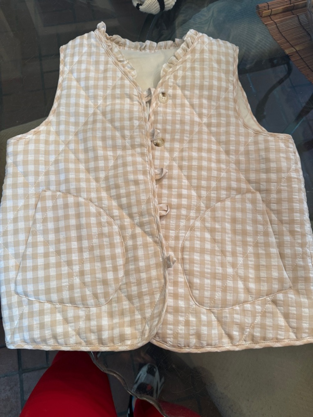 Beige and White Gingham Quilted Vest